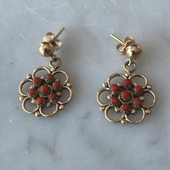 Vintage Zuni Native American Handcrafted 14K Red Coral Earrings - Picture 14 of 14